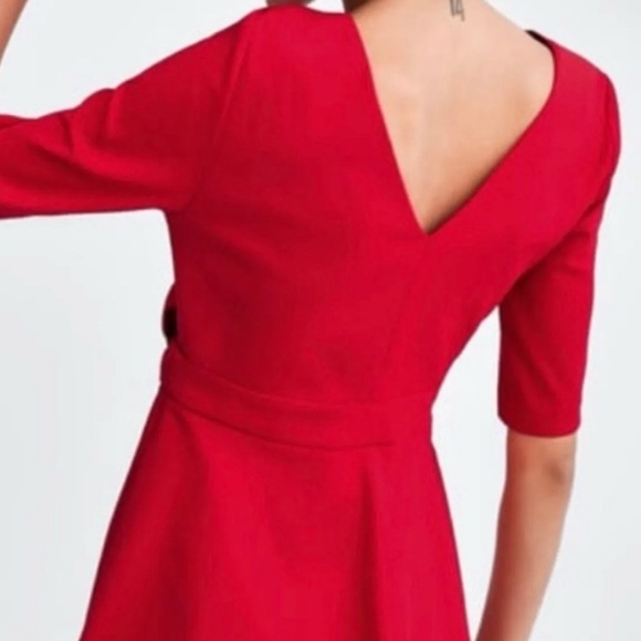 Zara V Neck Solid Red Wrap Mini Dress Short Sleeve Extra Small Sash Tie - Picture 2 of 10
